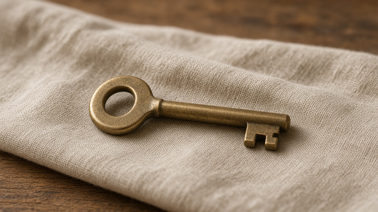 A single plain brass key on a linen cloth over a wooden table.