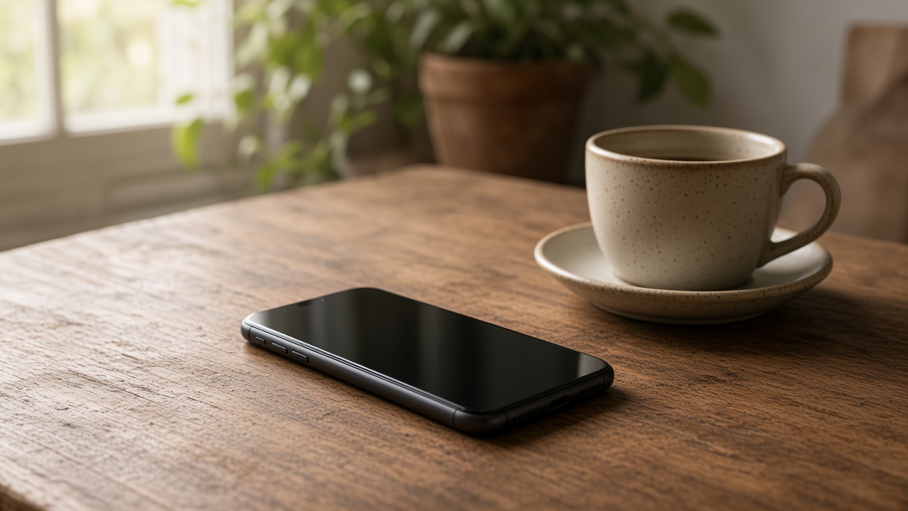 A dark phone lying face-down on a pale wooden table in window light.
