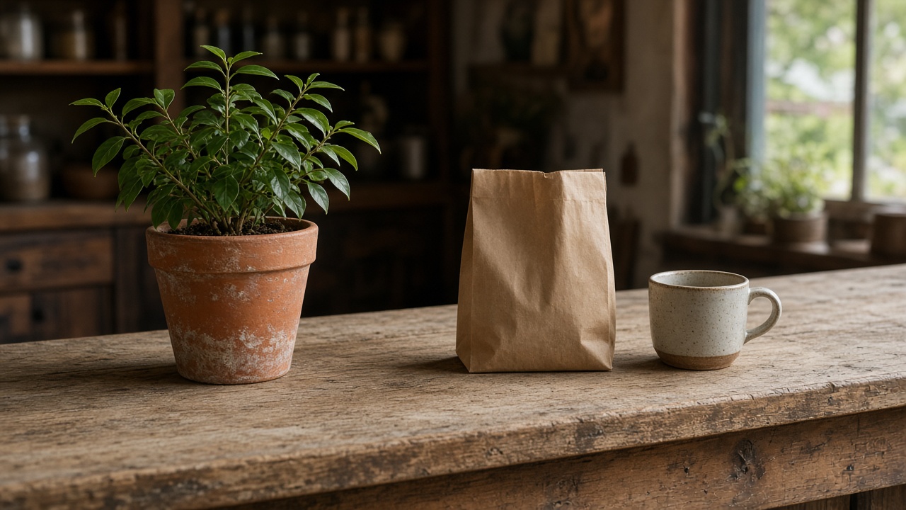 A leafy plant in a terracotta pot on a worn wooden shop counter, next to a plain paper bag and a cup.