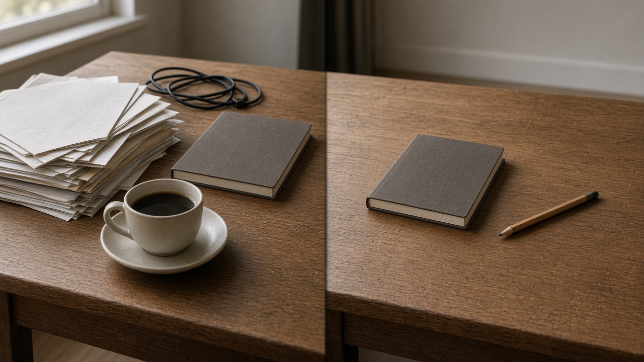 A wooden desk split between a stack of blank papers and a cleared side with one notebook.