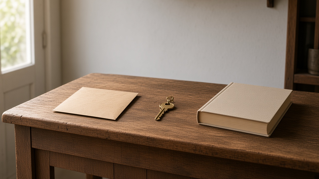 An envelope, a single brass key, and a thick closed book spaced apart on a wooden desk.