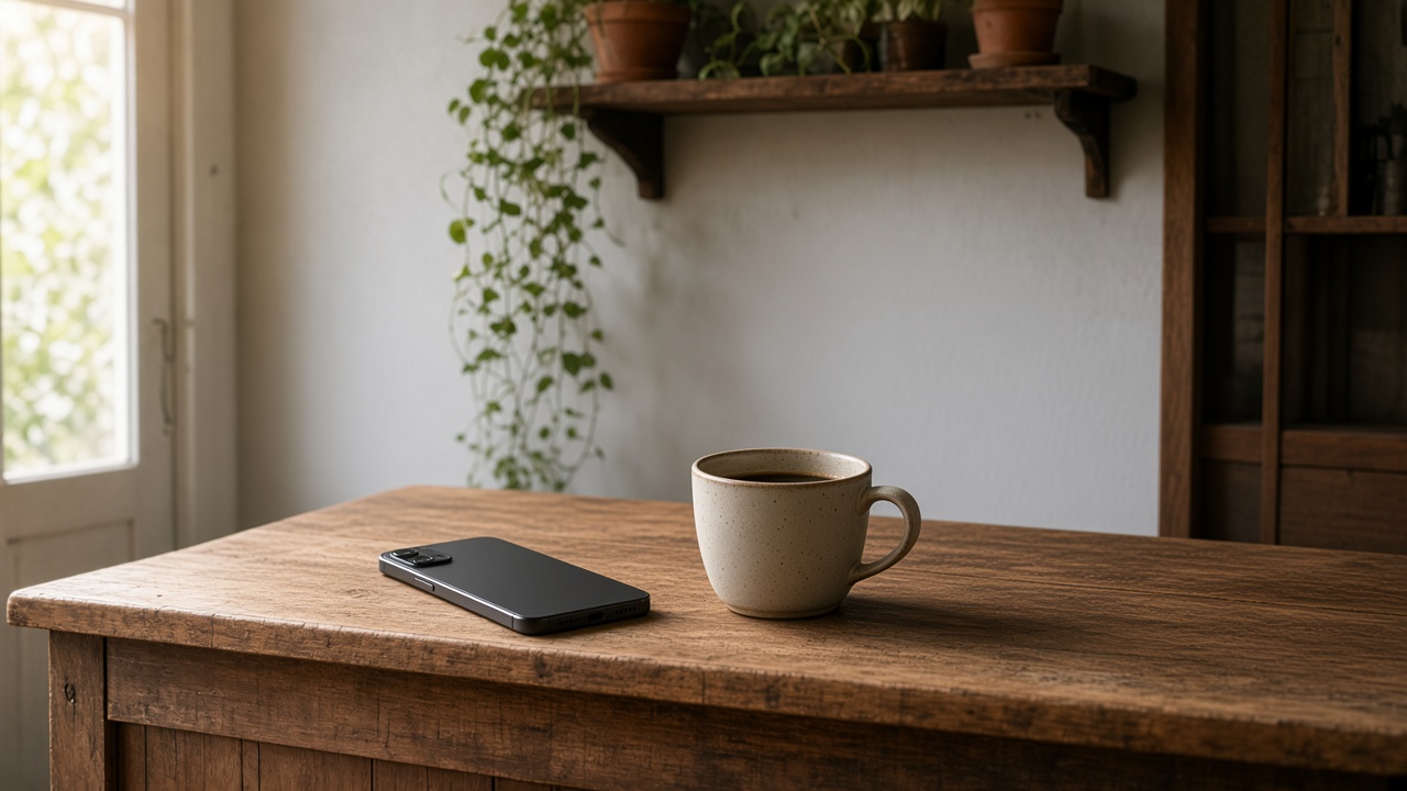 A phone lying face-down on a wooden table beside a cup of coffee.