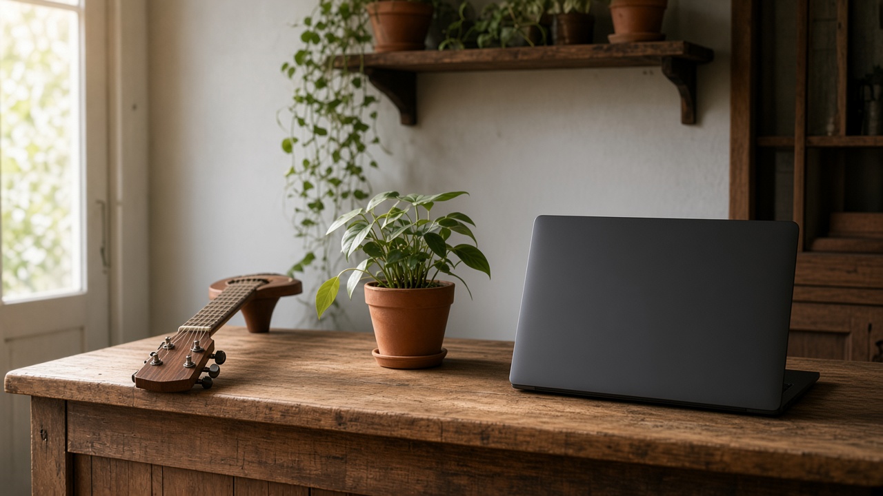 Headphones, a potted plant, a camera, and a closed notebook on one wooden table.