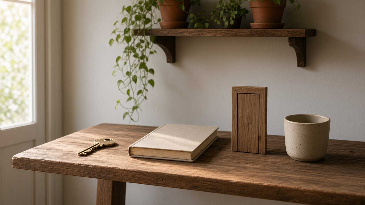 A brass key, a closed notebook, a small wooden door, and a cup in a row on a wooden table.