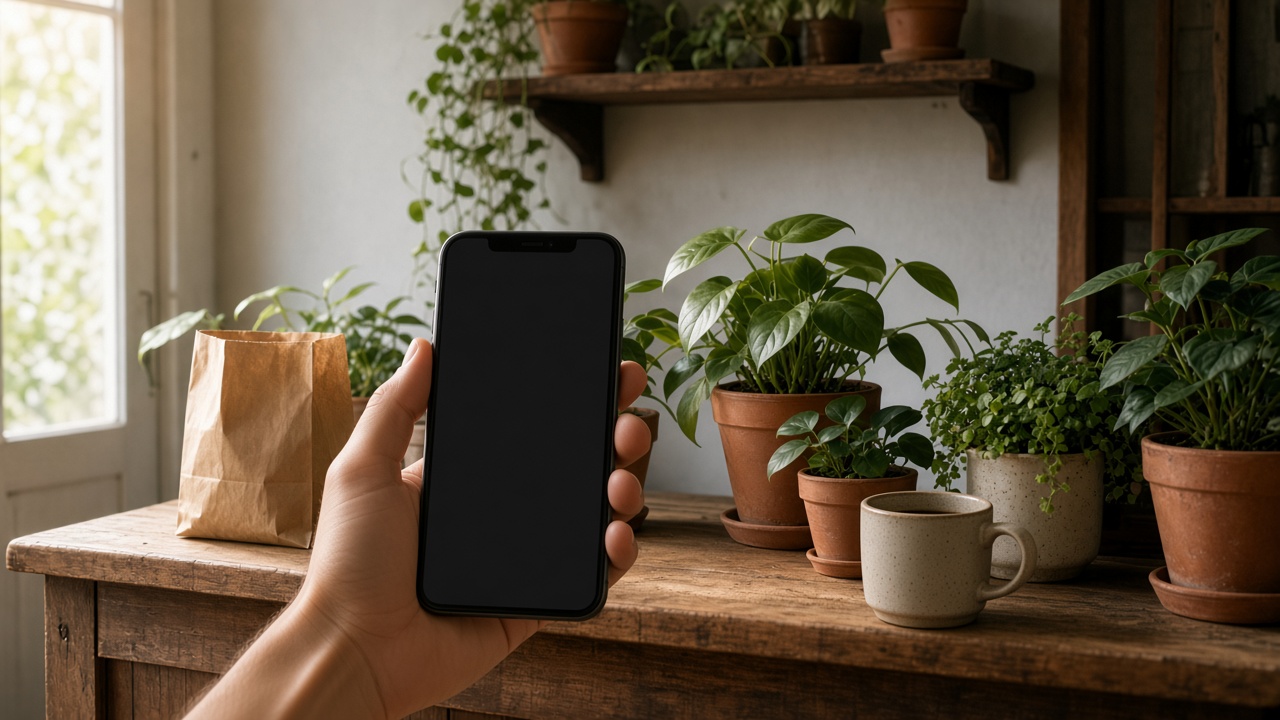 A hand holding a phone with a dark screen over a wooden kitchen table.