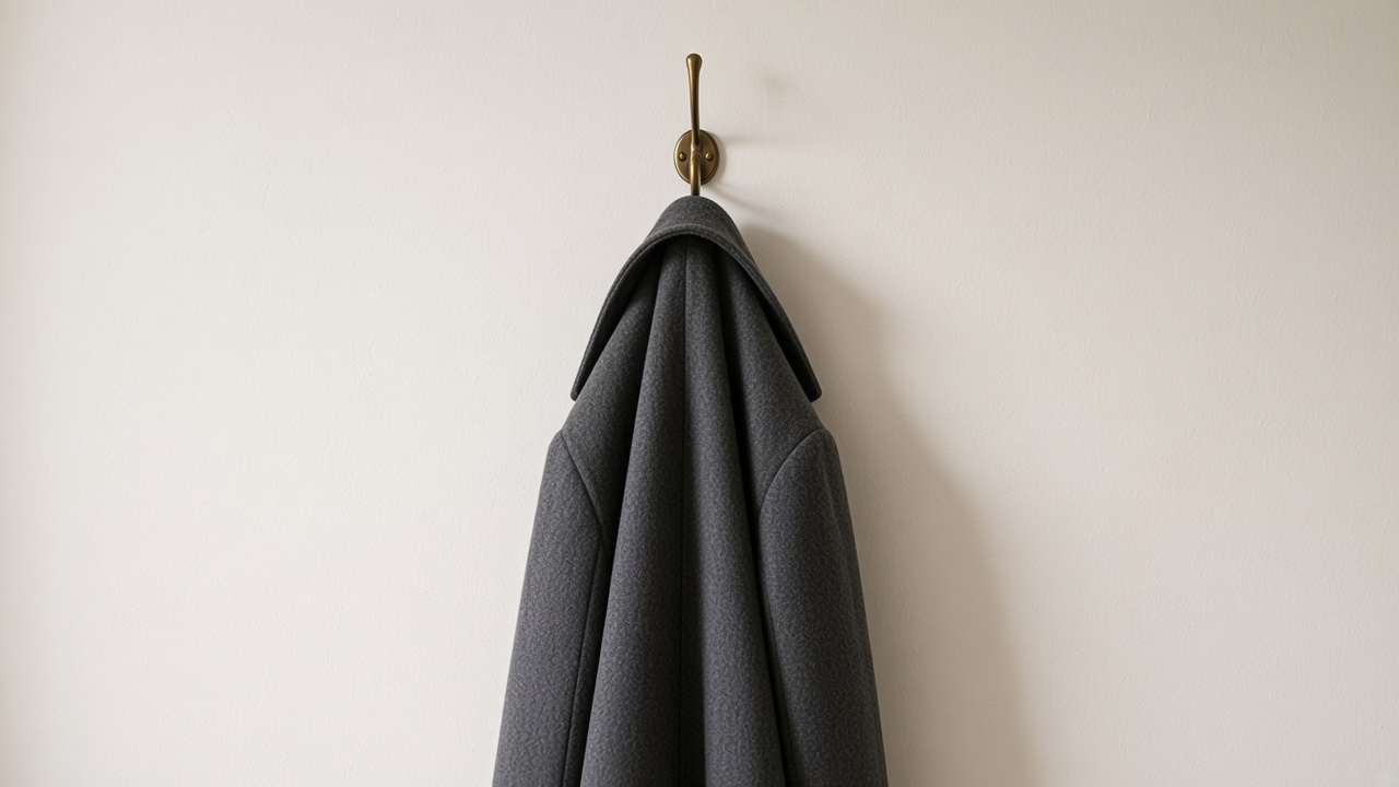 One brass hook on a plain wall with a single coat hanging from it.