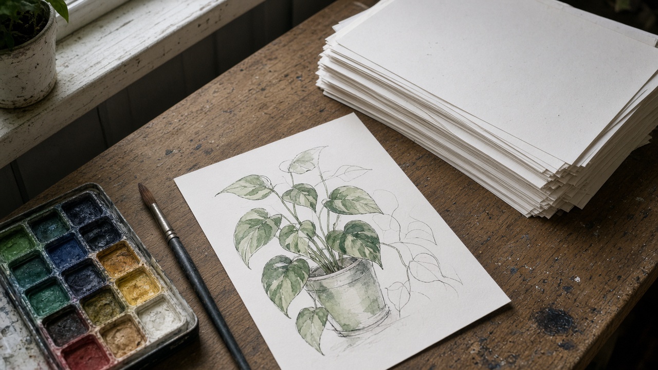 A watercolor of a plant, paint pans, and a stack of paper on a wooden table.