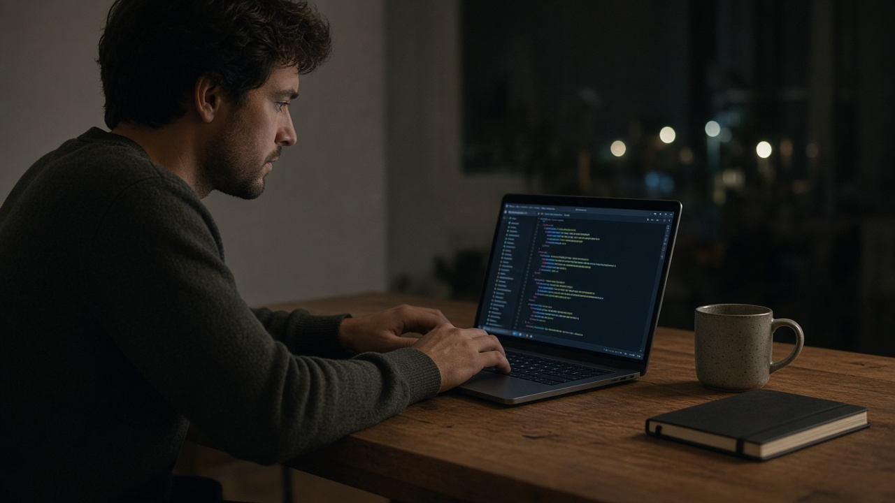 A person working at a laptop on a wooden desk at night, with a mug and a closed notebook.
