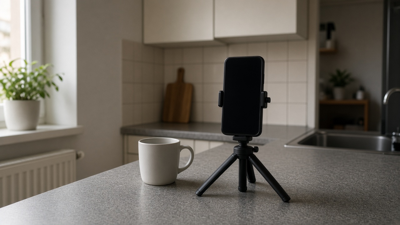 A phone on a small tripod on a kitchen counter, screen off.