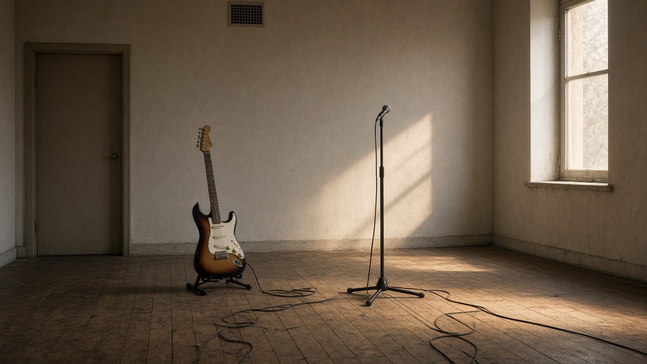 An electric guitar and a microphone in an empty rehearsal room.