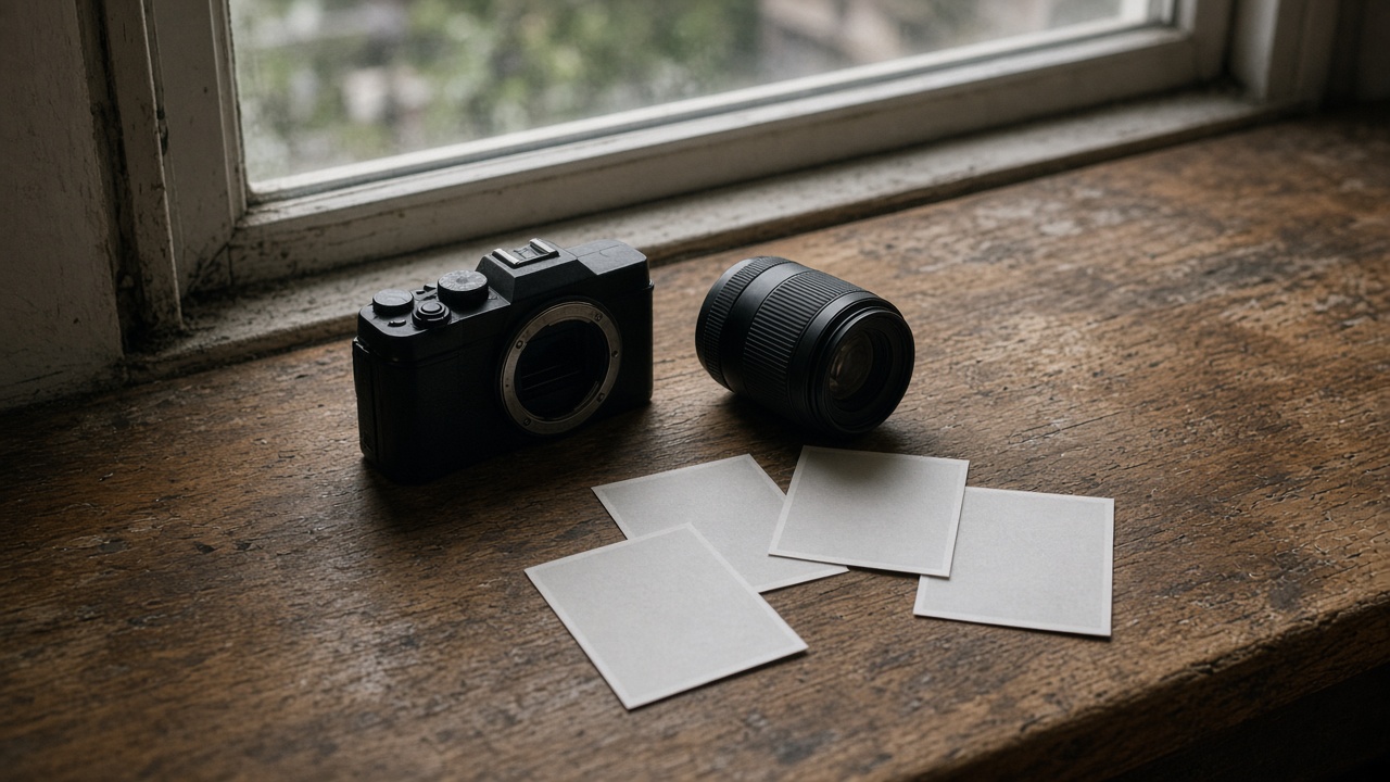 A camera body and lens on a wooden windowsill, with blank prints beside them.